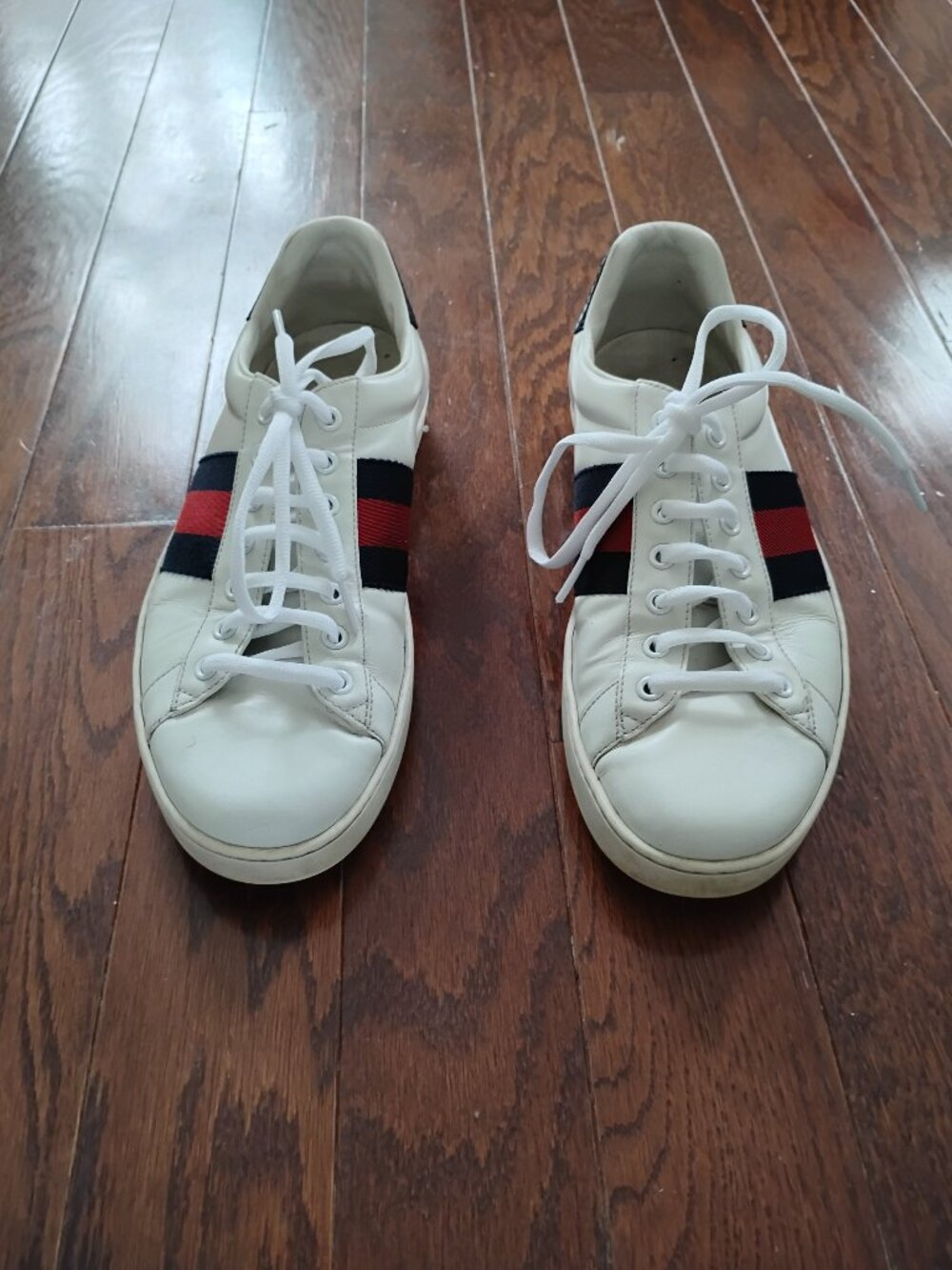 Gucci Ace White Leather Designer Sneaker, Blue/Red Stripe, Men's Size 9.5US